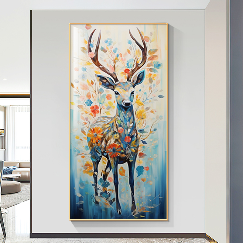 现代简约发财鹿入户玄关装饰画新款艺术寓意好麋鹿走廊过道墙壁画图片