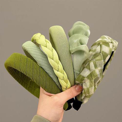 刘亦菲同款芥末绿高级感绿色麻花发箍发夹外出宽边海绵头箍头饰女