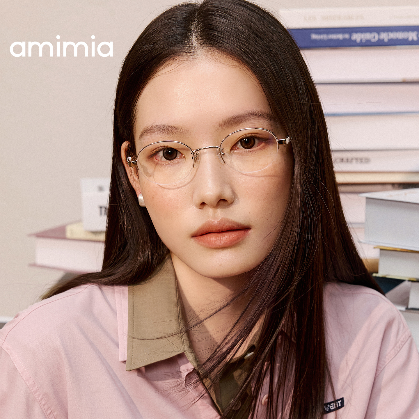 amimia·PUPPY超轻书呆子椭圆半框钛架眼镜架女素颜镜配度数25FW