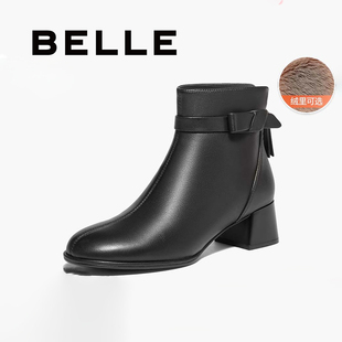 百丽优雅短筒时装靴女秋冬季新款真皮气质显瘦羊皮小短靴B9A1DDD4