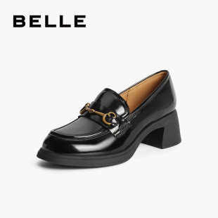 马衔扣粗高跟乐福鞋 百丽专柜正品 黑色小皮鞋 英伦单鞋 3A625CA4 女鞋