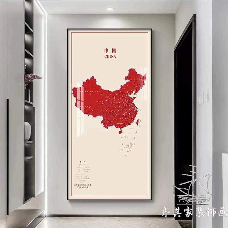地图装饰画中国玄关挂画现代简约玄关走廊高端壁画书房办公室背景