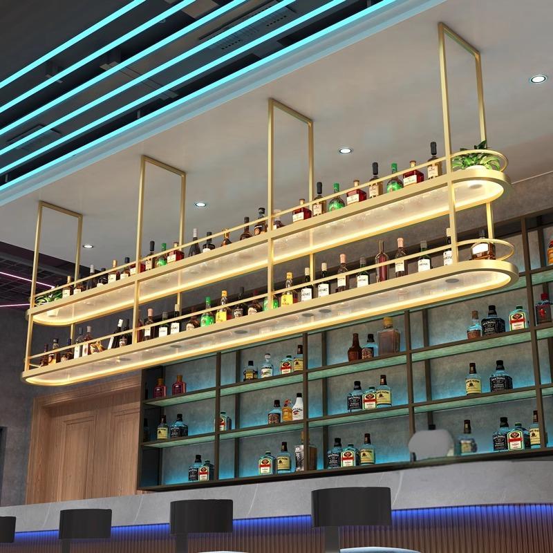 轻奢酒吧吧台吊架酒架灯带发光轻奢装饰酒柜酒水悬挂吊柜展示架图片