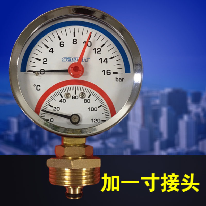 Y80径向地暖用压力温度一体表0-10bar温度120度水压气压温压力表