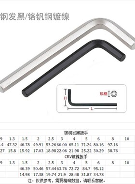 黑色内六角扳手镀镍六角匙 L型 0.7/0.9/1.5/2/3/4/5/6/8/10/12mm