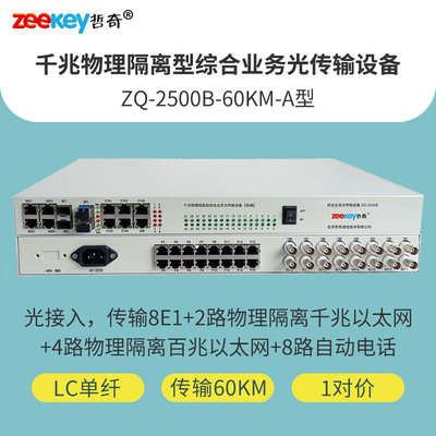 哲奇ZQ-2500B-60KM-A千兆物理隔离型综合业务光端机多业务8E1+2隔