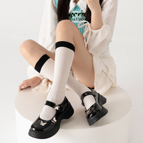 拼接小腿袜女秋冬黑白撞色日系学院风y2k辣妹及膝秋季jk中筒袜子