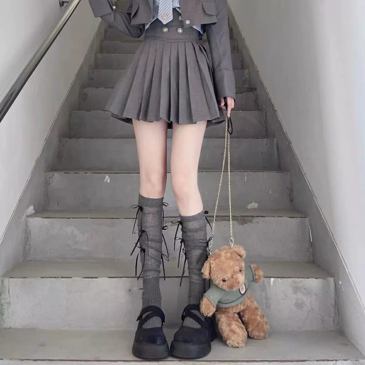 严选高颜值萝莉芭蕾袜子薄款网眼蝴蝶结过膝袜女秋季学院jk小腿堆