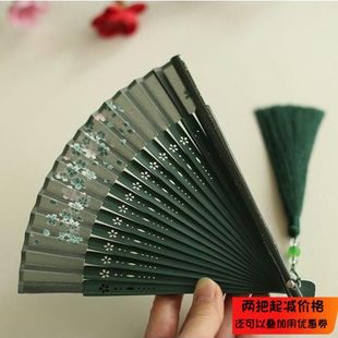 折扇带女竹小扇子复古风扇汉服绿月亮日用柄扇携5寸 扇扇夏季
