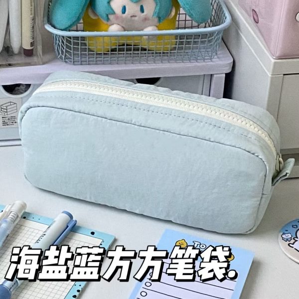 ins风海盐蓝方笔袋樱花粉学生大容量纯色文具袋铅笔袋耐脏收纳包