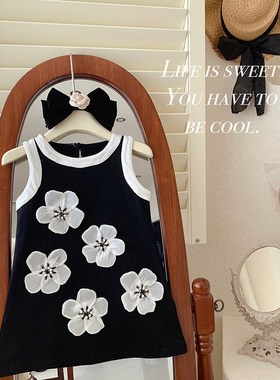 女童短款无袖黑色公主连衣裙202C4夏季赫本风儿童蛋糕裙宝宝直筒