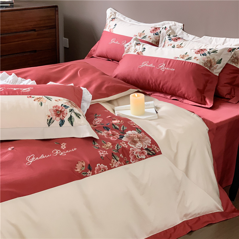 美式婚庆100支四件套纯棉床上用品刺绣花卉撞色P拼接大红色被套1.