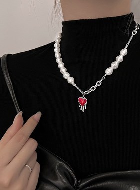 韩国时尚熔d岩红色爱心吊坠项链女纯银个性气质复古百搭珍珠毛衣