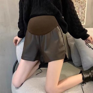 孕妇秋冬皮短裤宽松休闲开叉阔z腿高腰托腹显瘦百搭外穿A字皮短裤