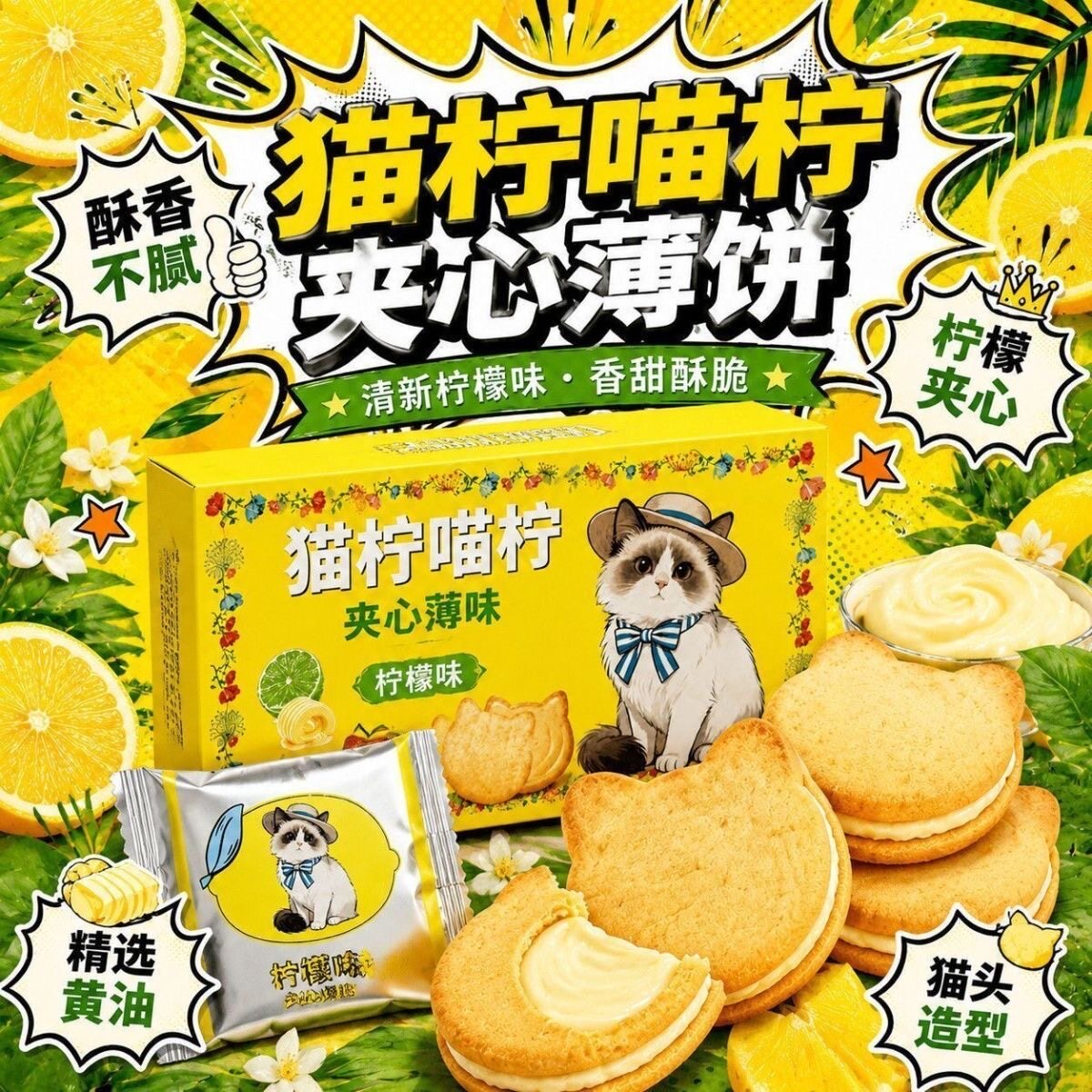 猫柠夹心饼干(柠檬味) 浓郁清新柠檬夹心酥脆黄油休闲零食饼干