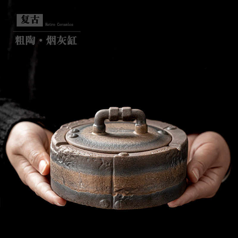 大号陶瓷烟灰缸带盖防飞灰复古创意家用客厅KTV酒吧粗陶烟盅烟缸