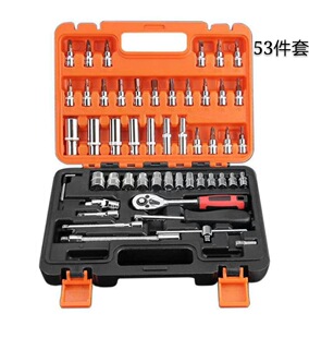 厂家双色盒53件套汽修组套工具铬钒钢套筒棘轮扳手小飞五金工具