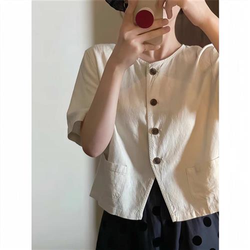 苎麻圆领衬衫女装夏季短款亚麻衬衣宽松百搭开衫短袖薄款棉麻上衣