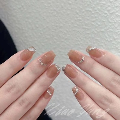 97-纯手工美甲穿戴甲长岛冰茶色显白气质水钻假指甲贴片光疗甲