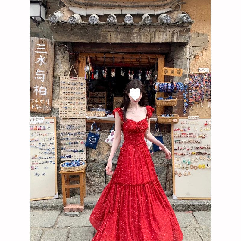 白水女 海岛繁花 小飞袖露背连衣裙女显瘦温柔百搭海边度假连衣裙