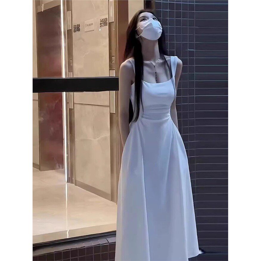 纯欲风白色方领洋装女夏