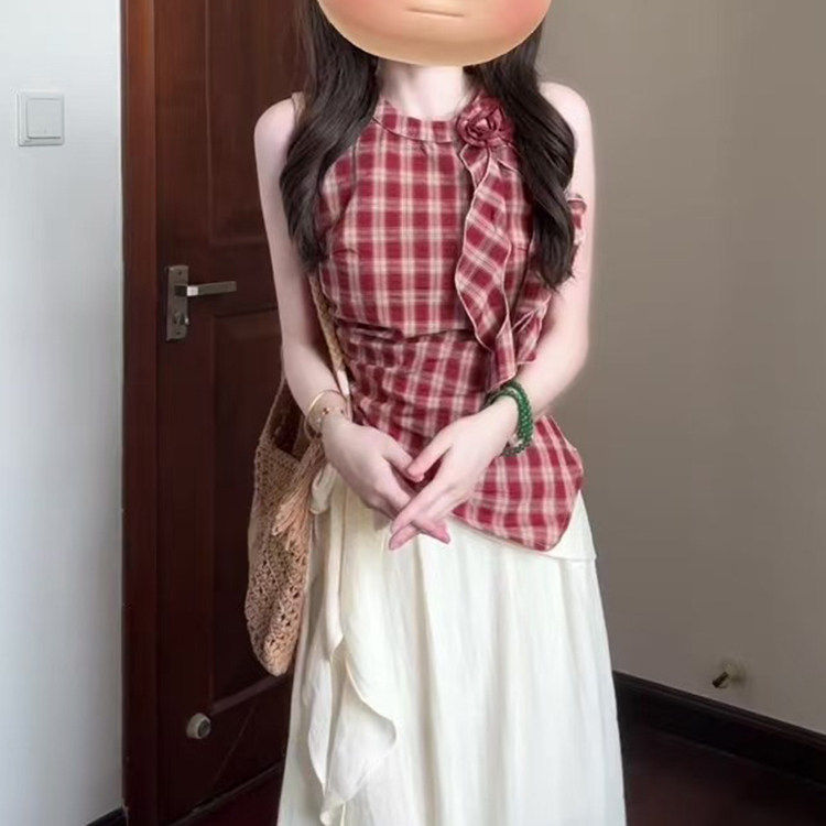 韩式不规则挂颈吊带套装女夏新款红格子背心上衣杏色半身裙两件套
