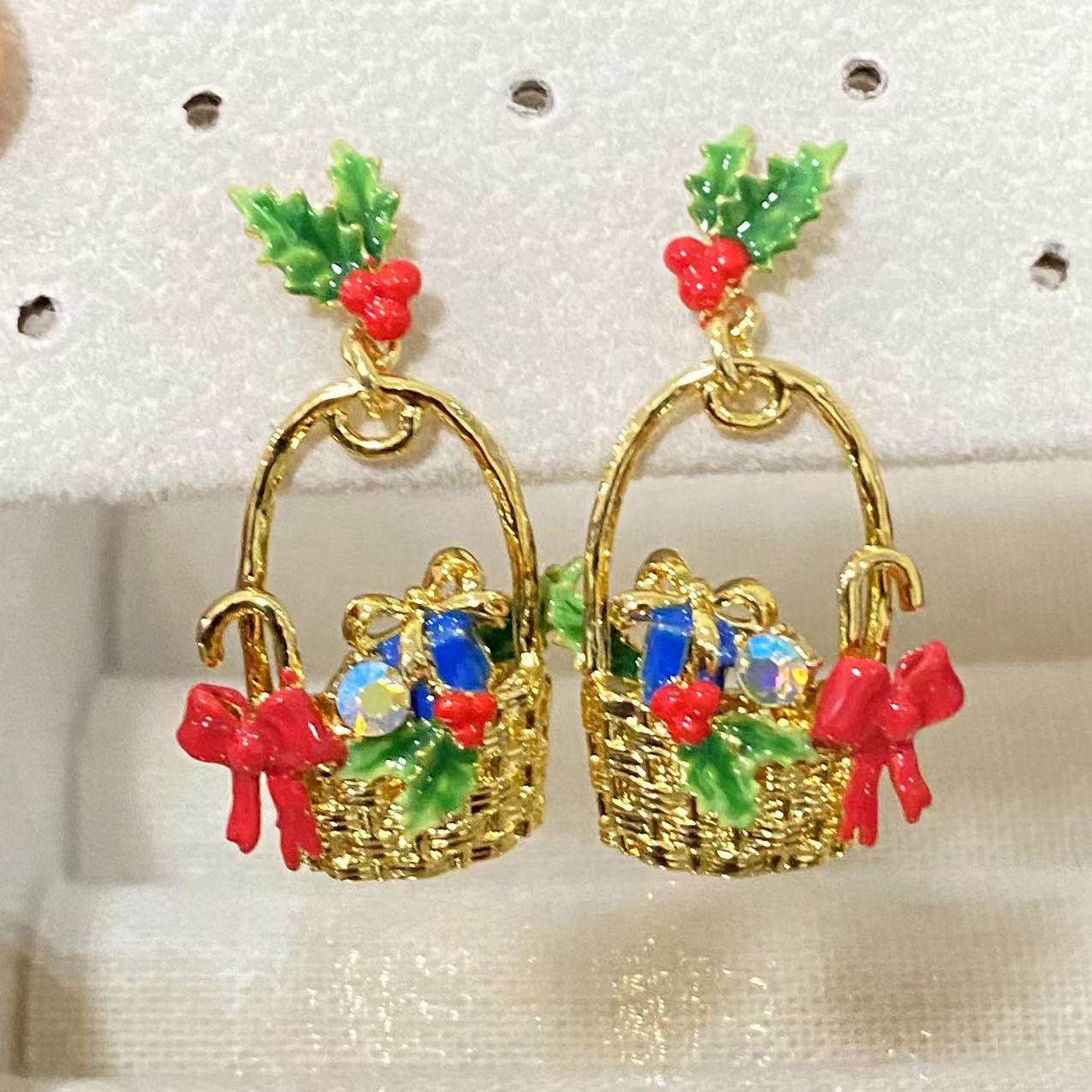 法国珐琅釉首饰品 圣诞颂歌花篮 蝴蝶结礼盒冬青叶钻 耳环耳钩