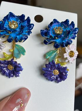 法国珐琅ln甜美繁花蓝色矢车菊琉璃苣雏菊耳钉