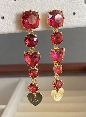 法国小众ln珐琅设计星钻系列红色宝石流苏耳钉耳扣