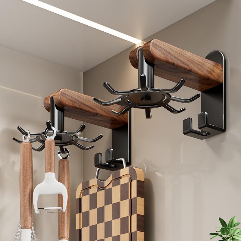 胡桃木厨房旋转挂钩免打孔锅铲置物架菜板壁挂式架墙上粘钩收纳架