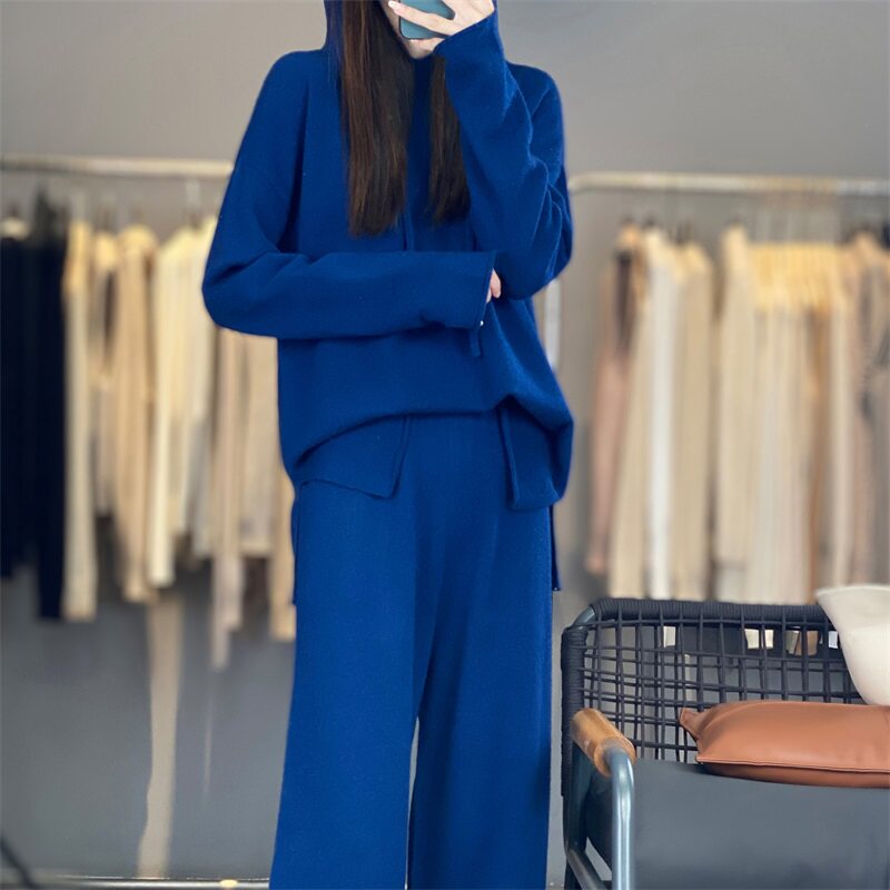 2025秋冬新款100%纯羊毛衫女连帽加厚宽松慵懒风毛衣针织套装