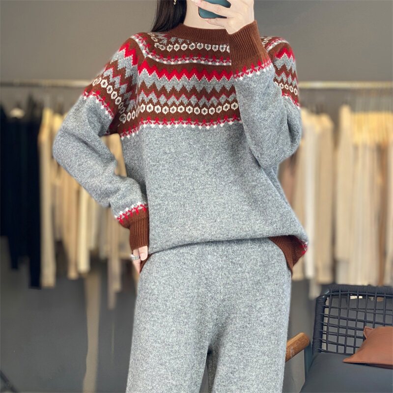 2025秋冬新品100%羊毛圆领套头衫费尔岛复古印花女宽松针织套装