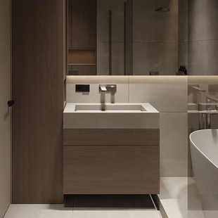 侘寂风岩板一体无缝盆浴室柜卫生间极简小尺寸洗漱洗脸洗手池定制