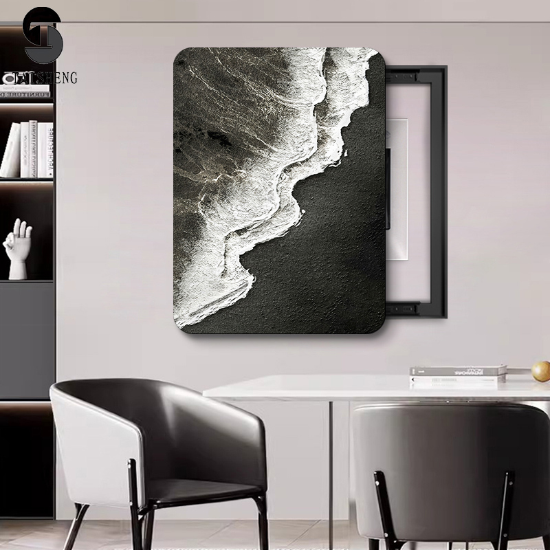 砂岩电表箱装饰画竖款黑色海滩客厅遮挡配电箱轻奢海景图肌理挂画