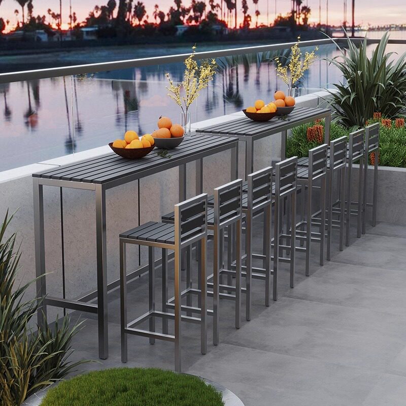 现代简约庭院户外塑木阳台靠墙高脚窄桌椅露天咖啡厅吧台桌椅组合