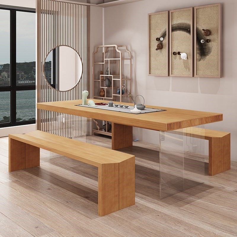 亚克力茶台悬空白蜡木餐桌原木工作台现代简约实木大板茶桌椅组合