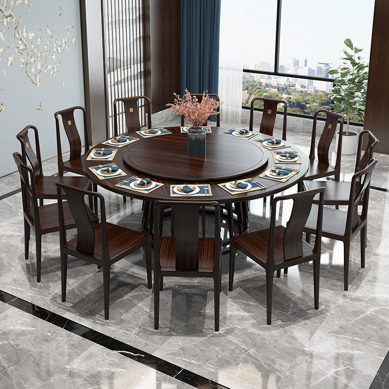 新中式别墅实木餐桌椅组合酒店私人包厢成套大圆桌10人带转盘家具