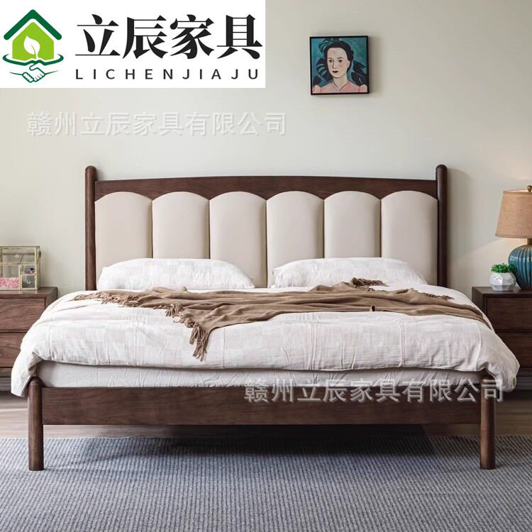 黑胡桃木全实木床法式复古风卧室软靠双人床1.8米中古风主卧婚床