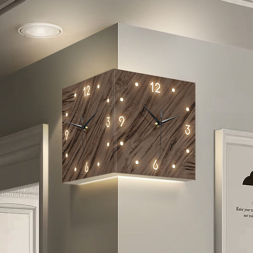 高级感转角双面挂钟免打孔简约创意时钟壁灯画客厅拐角阳角钟挂墙