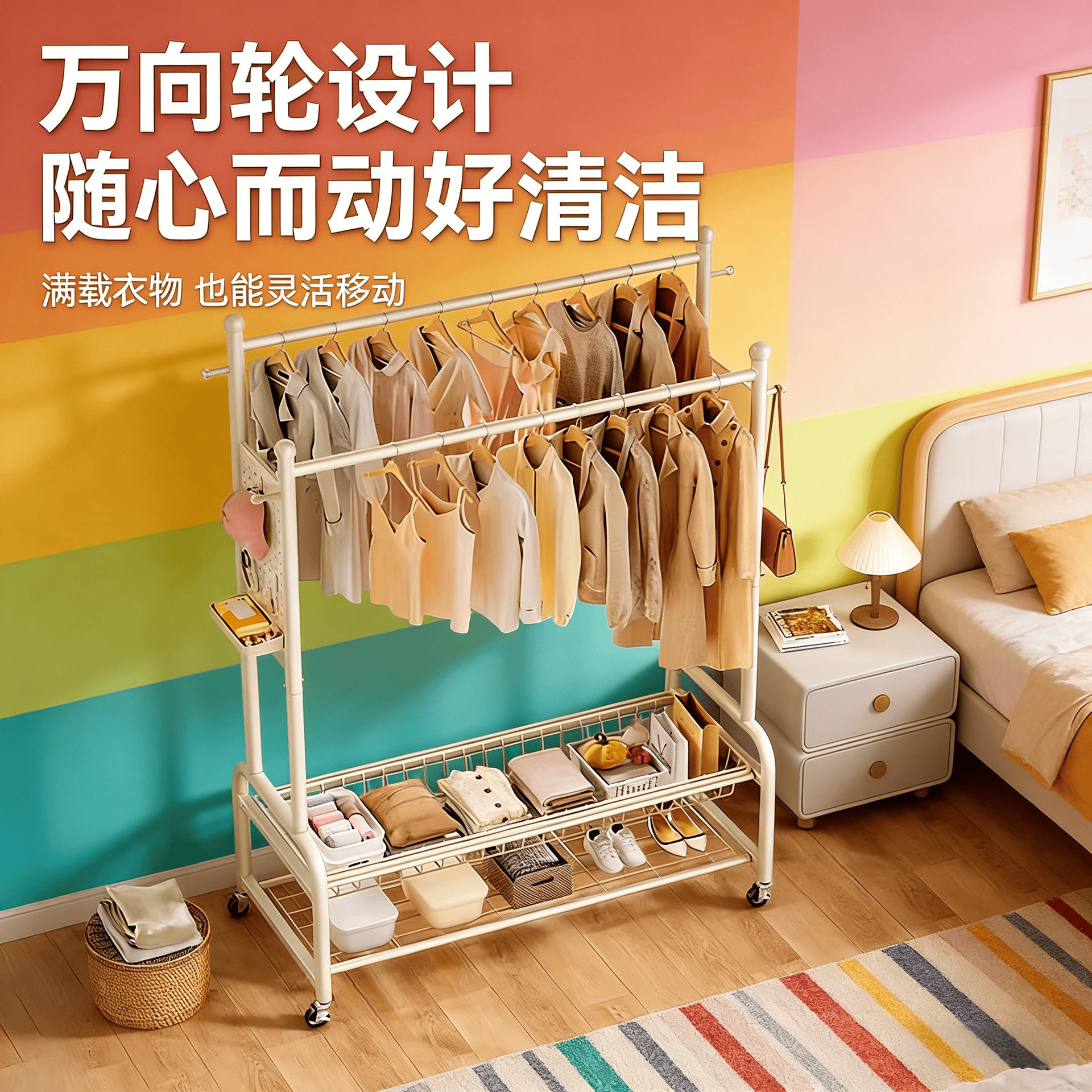 奶油风落地衣架卧室移动挂衣架家用温馨衣帽架多层收纳挂衣杆直销