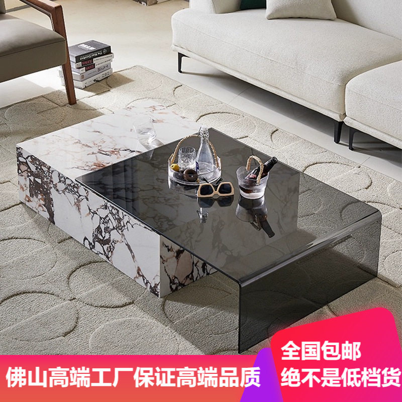 意式高端轻奢设计极简简约可伸缩钢化玻璃电视柜组合奢石岩板茶几