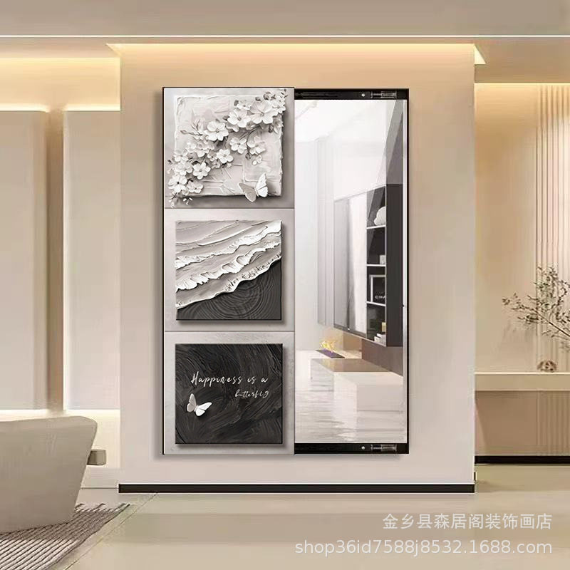 复古新中式方格装饰画玄关隐藏式穿衣镜高级感推拉全身镜化妆镜