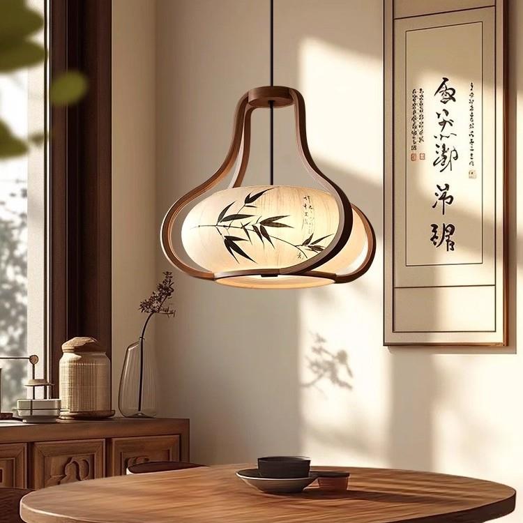 宋式美学家居竹叶实木灯笼布艺吊灯水墨画餐厅灯茶室卡座卧室用灯