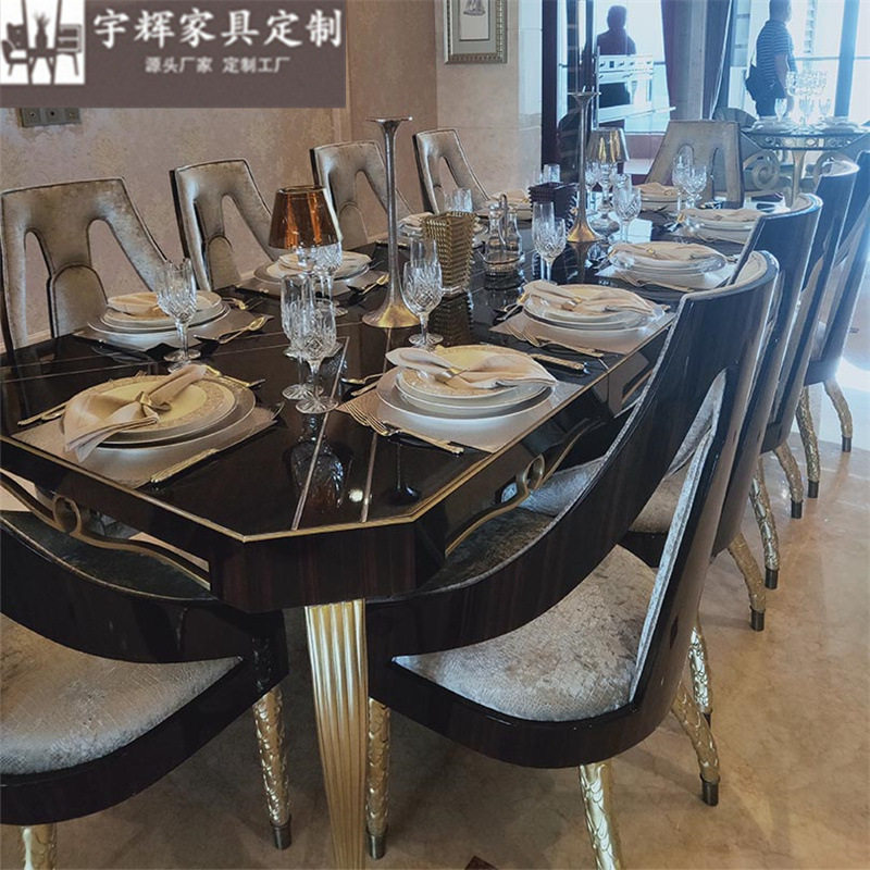 新古典餐厅家具实木10人大餐桌黑檀钢琴漆餐桌椅长餐桌餐椅描