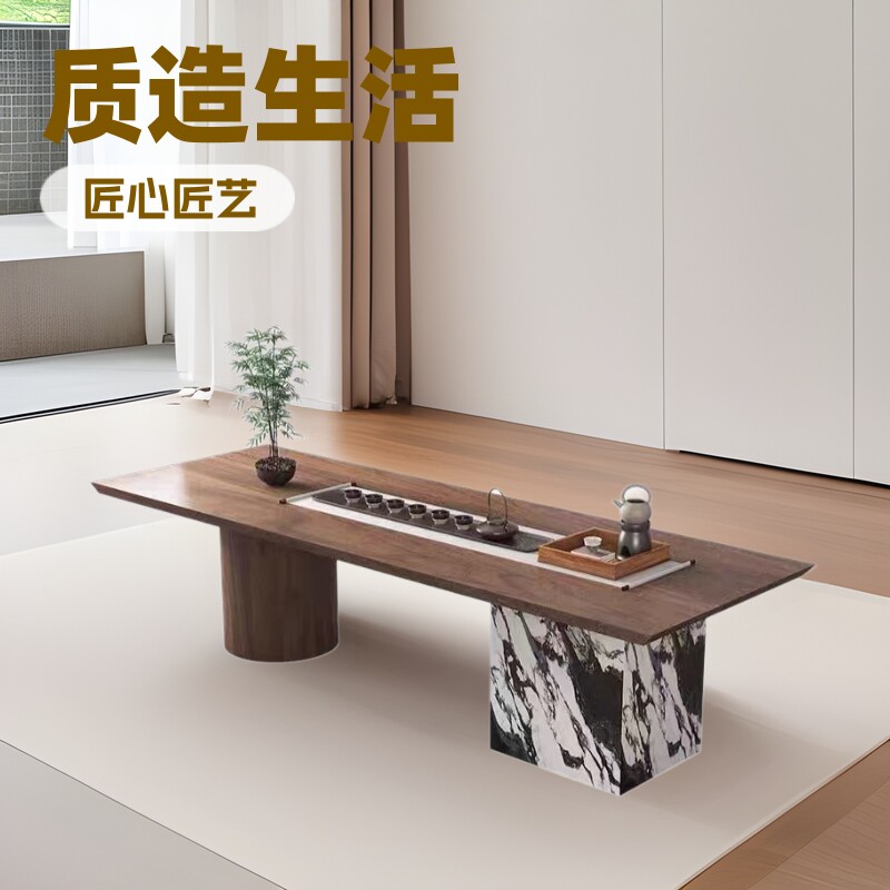 岩板茶桌新中式实木别墅家用办公茶台意式茶桌椅组合岩板材质订置
