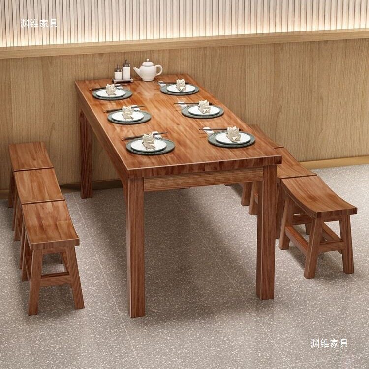 实木餐桌商用餐饮桌椅火锅家具饭店面馆快餐食堂吃饭桌子碳化图片
