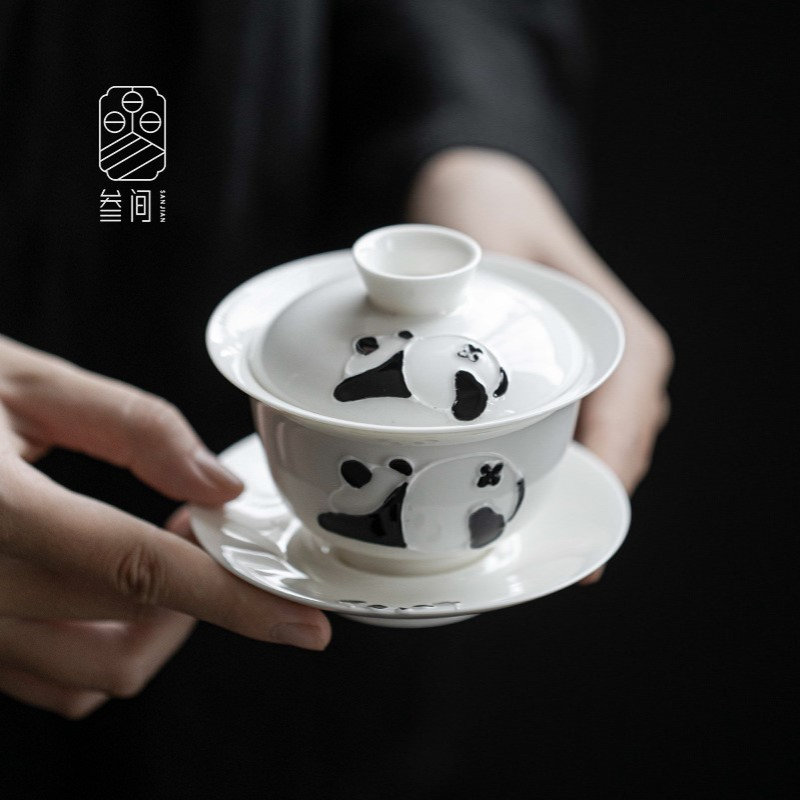 叁间手绘熊猫陶瓷三才盖碗茶杯单个可爱泡茶碗不烫手敬茶碗泡茶器