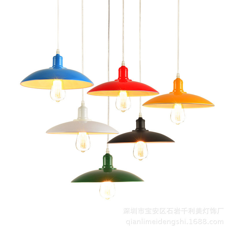 loft工业风吊灯彩色复古咖啡厅酒吧台餐厅楼梯装饰铁艺锅盖灯具