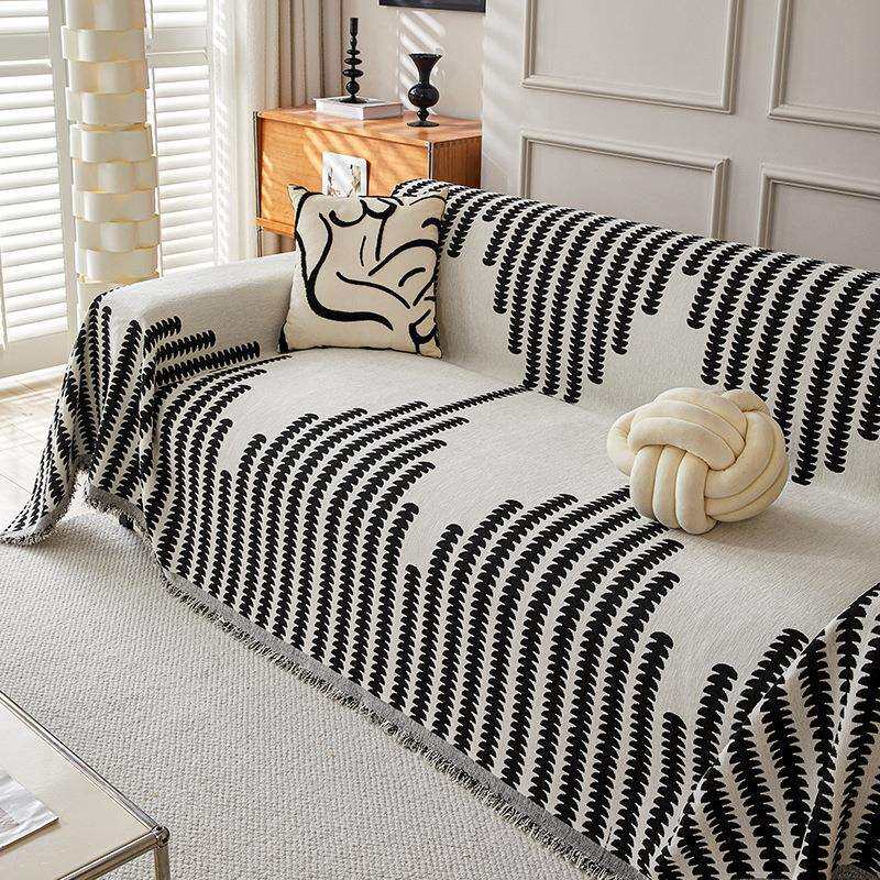 雪尼尔双面沙发盖布防滑沙发巾全盖一片式可机洗沙发套罩条纹花卉