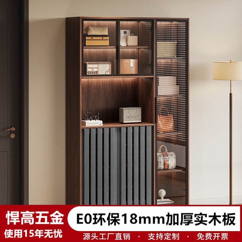 实木意式鞋柜收纳柜一体靠墙格栅玄关柜家用门口带灯玻璃门展示柜